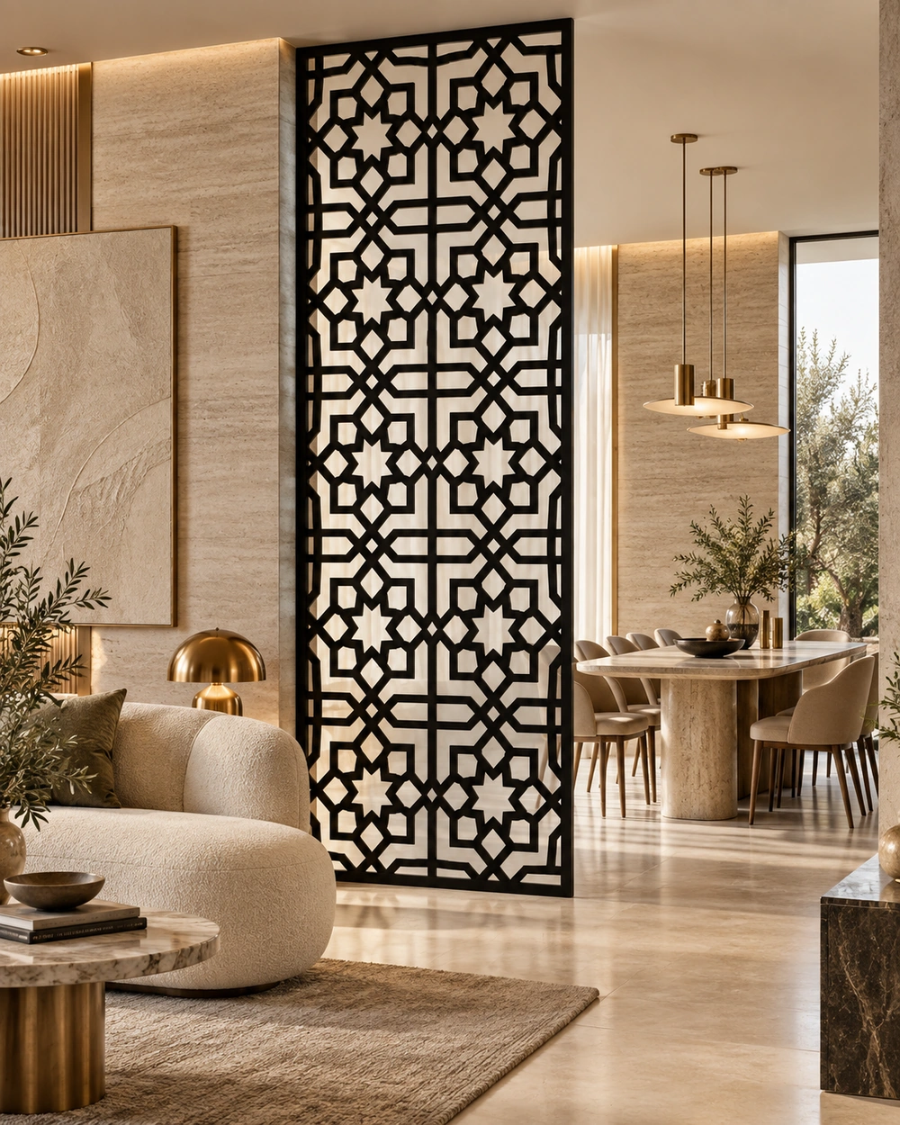 Claustra géométrique oriental noir intégré dans un intérieur contemporain