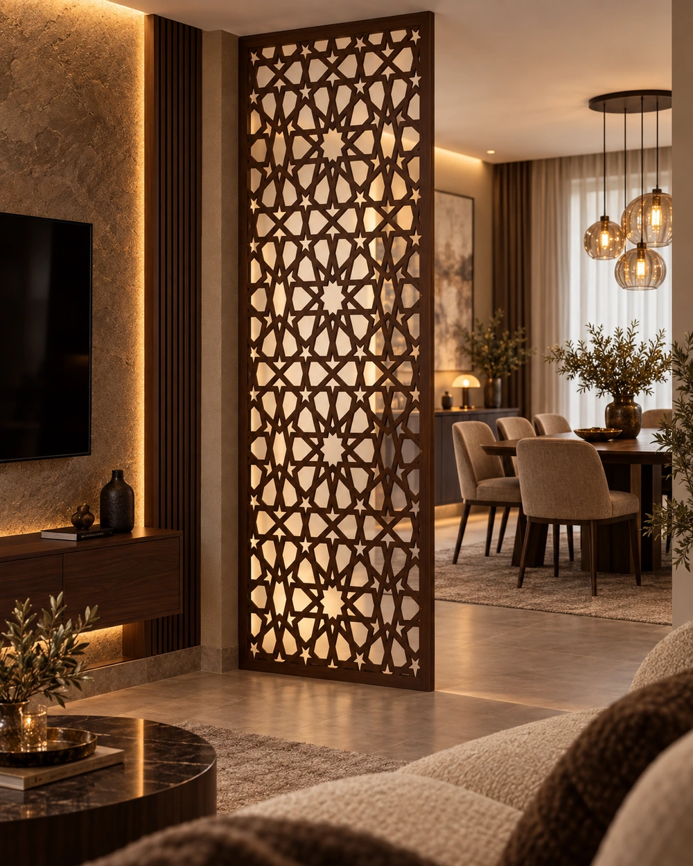 Claustra géométrique oriental marron intégré dans un intérieur contemporain